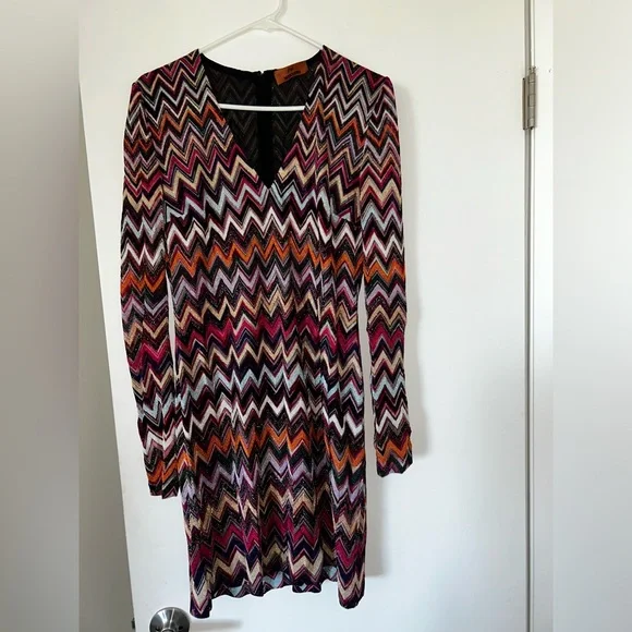 Missoni Zig Zag Lame Multicolor Raschel Midi Dress Long Sleeves sz 46 - Picture 5 of 11